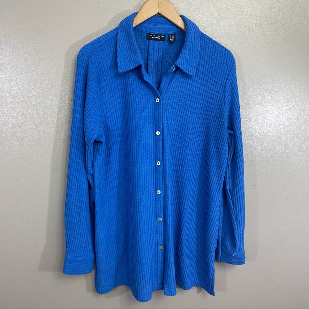 Susan Graver Weekend Long Sleeve Shirt Size Large Petite stretch pockets waffle